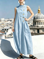 Sleeveless Stand Collar Linen Midi Maxi Dress with Side Buttons