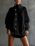 Oversized Asymmetric Button Turtleneck Knit Mini Dress
