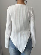 Women's White Ribbed V Neck Flare Long Sleeve Asymmetric Hem Slim Knit Top