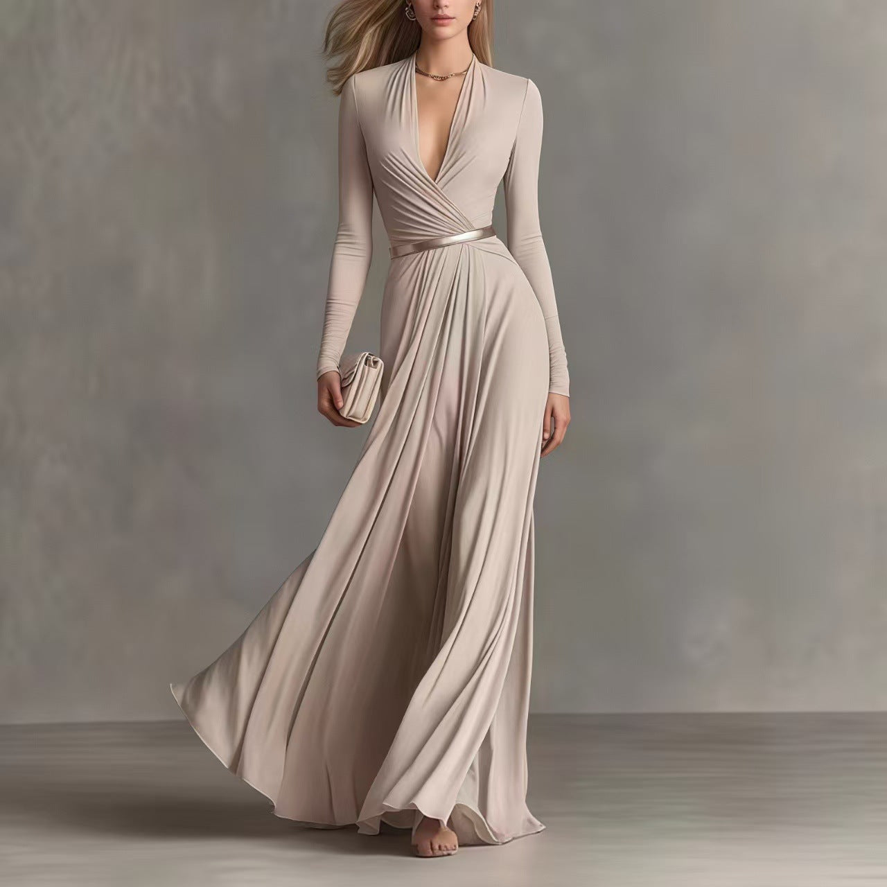 Solid Color Textured Long-Sleeved Elegant Dress For Women With Small Fragrant Waist