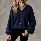 Vertical Rib Knit Hooded Button Down Balloon Sleeve Cardigan