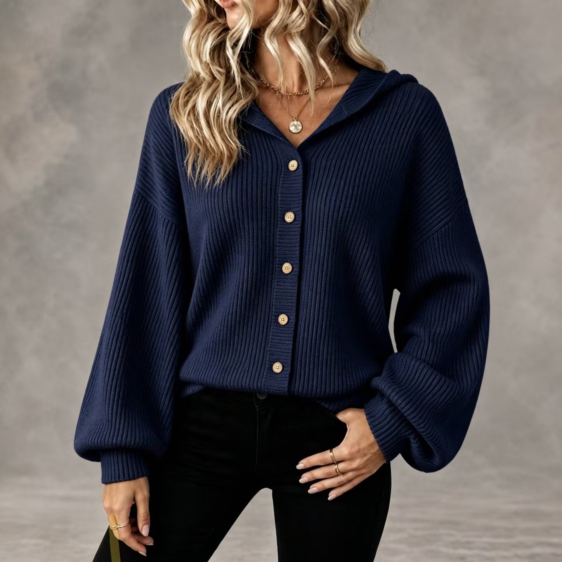 Vertical Rib Knit Hooded Button Down Balloon Sleeve Cardigan