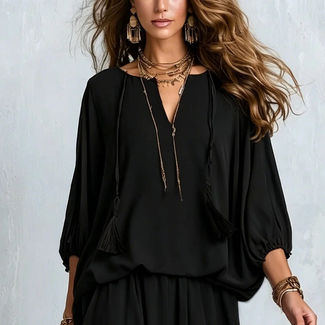 Women'S Tassel‑Detail Blouse & Ruffle Maxi Skirt Boho Two‑Piece Set