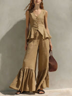 Mustard Linen-Blend Peplum Top & Ruffled Wide-Leg Pants Set