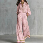 High Waist Wide Leg Pants Two Piece Set, Luxury Satin Elegant Vacation Matching Outfit