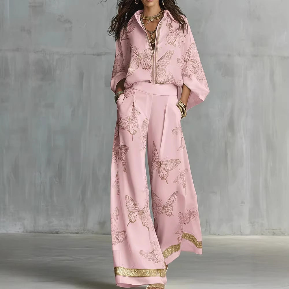 High Waist Wide Leg Pants Two Piece Set, Luxury Satin Elegant Vacation Matching Outfit