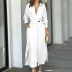 Women Collared Waist‑Tab Shirt Maxi Dress