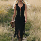 Suede Fringe Midi Dress Western Chic Meets Modern Edge