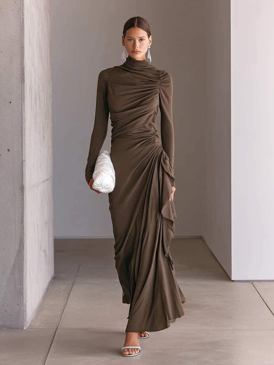 Turtleneck Ruched Side‑Ruffle Long‑Sleeve Maxi Dress