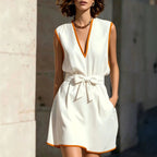 Contrast Piping V-Neck Self Tie Belt Sleeveless Mini Dress