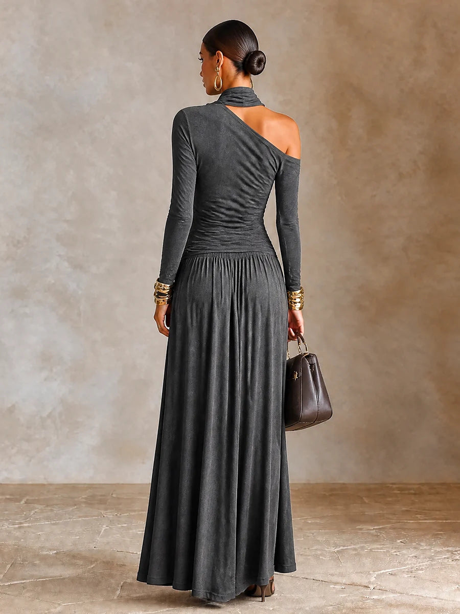 Women Turtleneck Cutout Long Sleeve Maxi Dress, Asymmetric Cold Shoulder Flowy Long Dress