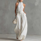 Women's White Linen-Blend Halter Wide-Leg Jumpsuit with Belt