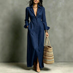 Women'S Lapel Collar Button‑Front Linen Shirt Maxi Dress