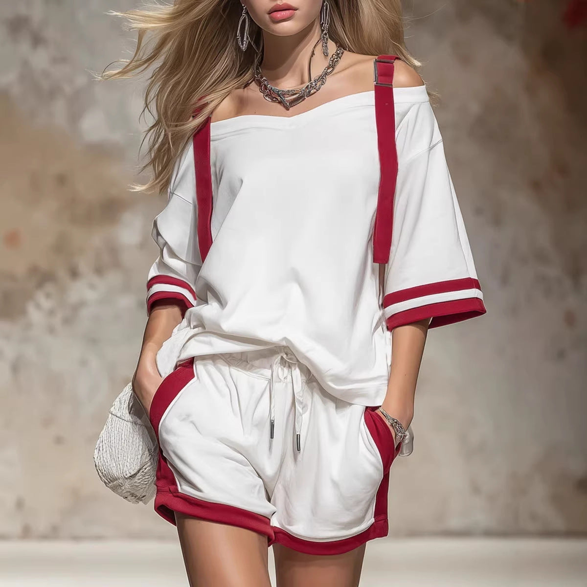 Retro Color-blocked Off-shoulder Short-sleeved T-shirt And Shorts Set