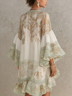 Boho Printed Ruffled Flare Sleeve Stretchy Polyester Womens Mini Dress