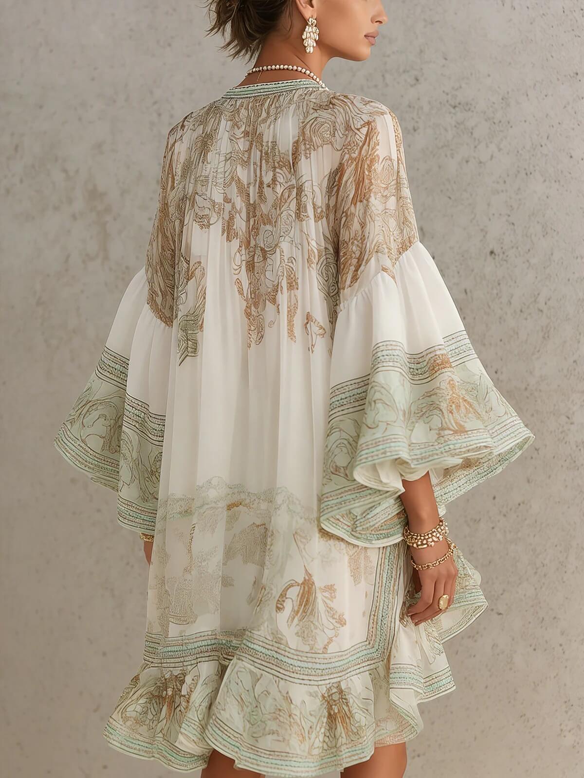 Boho Printed Ruffled Flare Sleeve Stretchy Polyester Womens Mini Dress