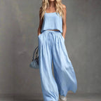 Solid Color Casual Cotton And Linen Suspender Tops Wide-Leg Pants Suit