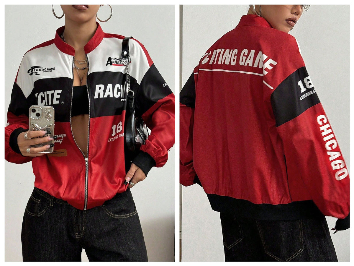 Women Color Block Racing Jacket Zip Up Letter Print Bomber Jacket Y2K Streetwear