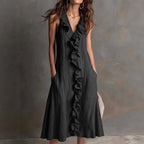 🌿 Ruffle V-Neck Sleeveless Midi Dress