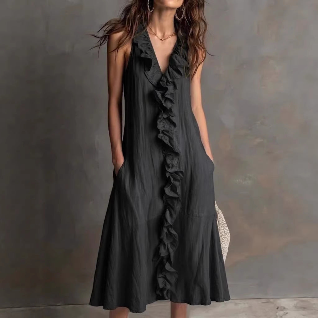 🌿 Ruffle V-Neck Sleeveless Midi Dress