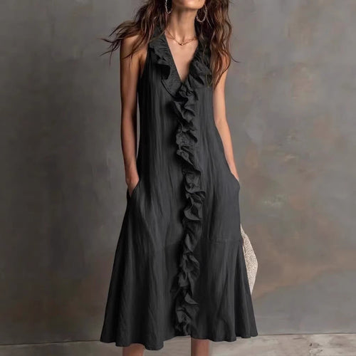 🌿 Ruffle V-Neck Sleeveless Midi Dress