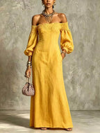 Off‑The‑Shoulder Puff‑Sleeve Linen‑Blend Maxi Dress