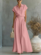 Spring And Summer Fashion Casual Solid Color Shirt Wide-Leg Pants Two-Piece Set