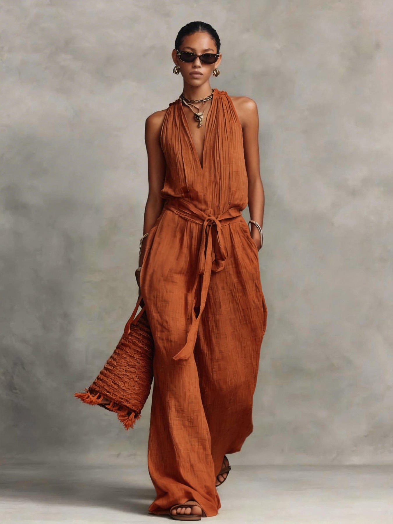 Casual Lace-Up Sleeveless Cotton Blend Jumpsuit