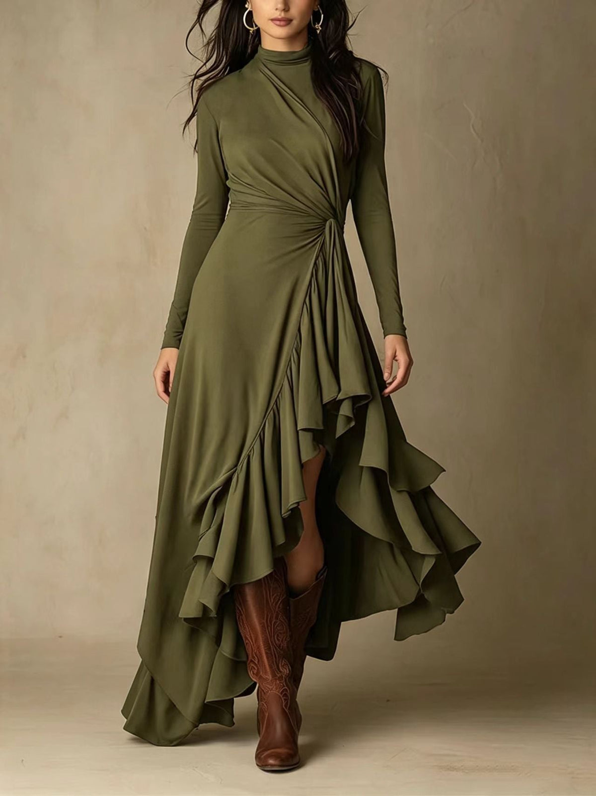 Mock Neck Wrap Dress with Asymmetric Ruffle Hem
