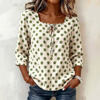Cream Base Polka Dot Square Neck Tie Front 3/4 Sleeve Blouse