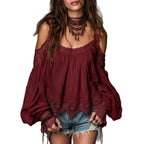 Burgundy Boho Cold-Shoulder Lace Blouse