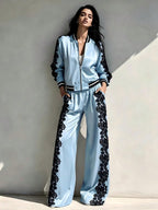 Bomber Jacket & Wide‑Leg Pants Two‑Piece Set with Black Lace Trim