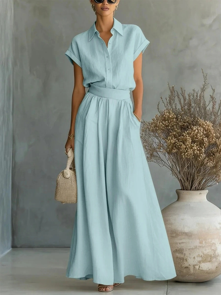 Cap Sleeve Collared Shirt & High Waist Wide Leg Pants Two Piece Set