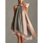 Grey Crinkle Halter Satin Big Bow Lace Hem Mini Dress