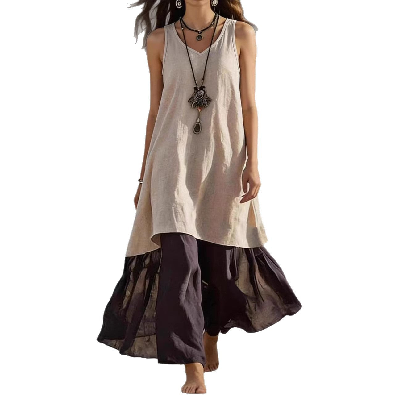 High-Low Tunic Top & Sheer Layered Wide Leg Pants