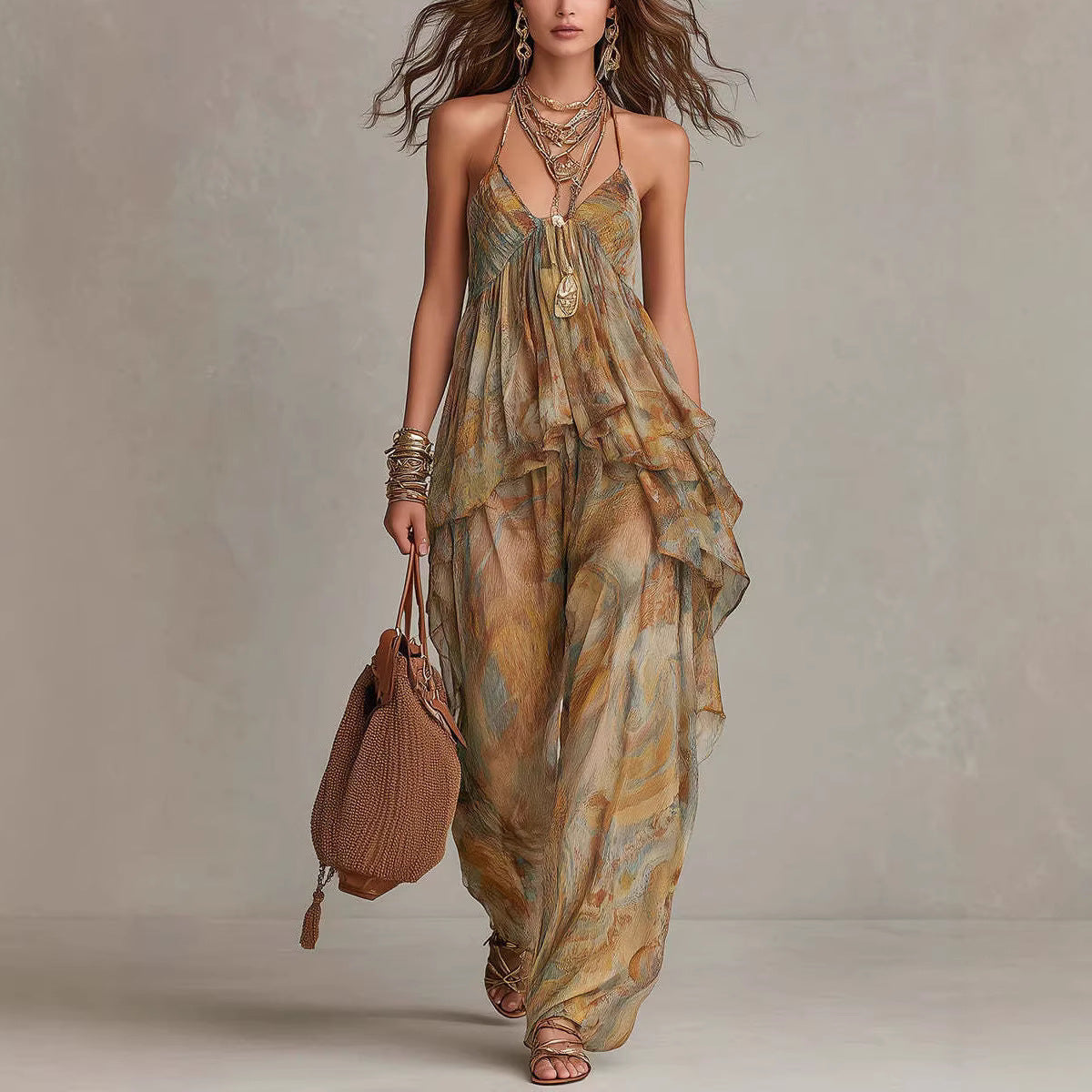 Vacation Style Printed V-Neck Watercolor Print Chiffon Halter Two-Piece Set