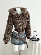 Women Leopard Print Faux Fur Cropped Hooded Jacket With Fluffy Fur Trim