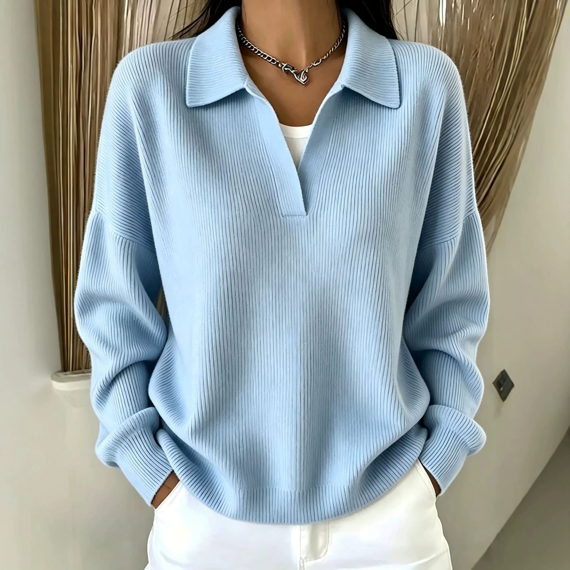 Women's Ribbed Polo Collar Knit Sweater