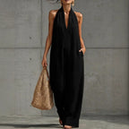 Linen Halter Deep V Wide Leg Cuffed Jumpsuit