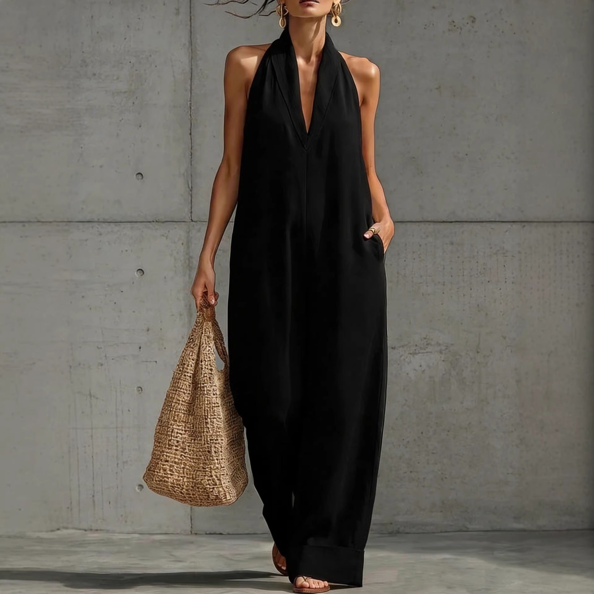 Linen Halter Deep V Wide Leg Cuffed Jumpsuit