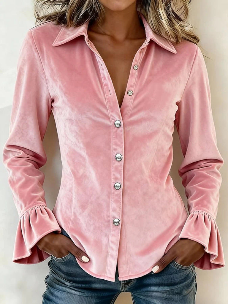 Velvet Button-Up Shirt – Soft Plush Long Sleeve Blouse with Ruffle Cuffs
