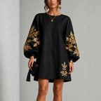 Black Linen Shift Mini Dress with Gold Leaf Embroidery Balloon Long Sleeves