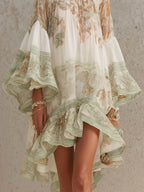 Boho Printed Ruffled Flare Sleeve Stretchy Polyester Womens Mini Dress