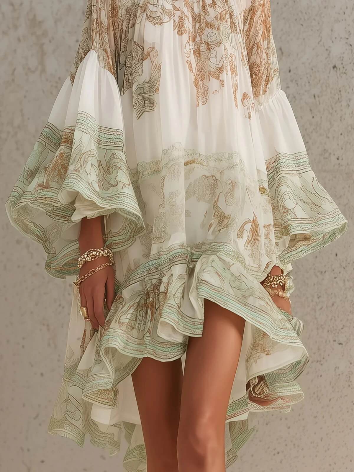 Boho Printed Ruffled Flare Sleeve Stretchy Polyester Womens Mini Dress