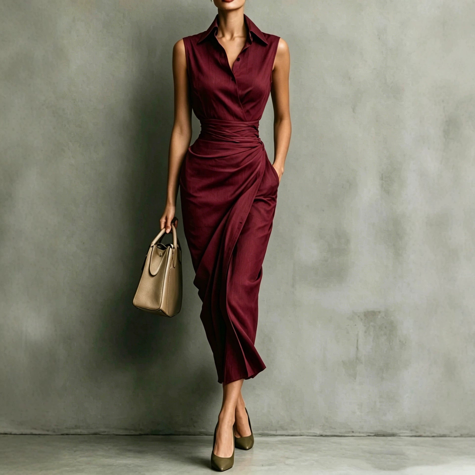 Women's Burgundy Sleeveless Wrap Shirt Midi Dress - Elegant Office & Evening Wear