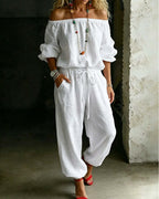 Sage Linen Off Shoulder Drawstring Waist Jogger Jumpsuit