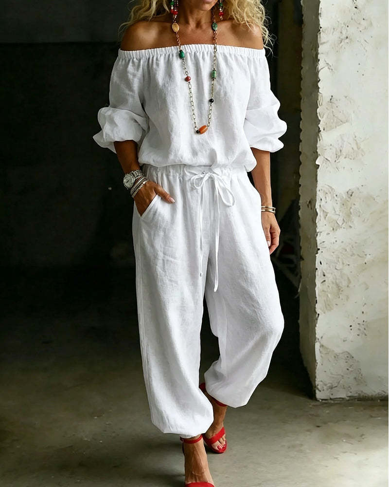 Sage Linen Off Shoulder Drawstring Waist Jogger Jumpsuit