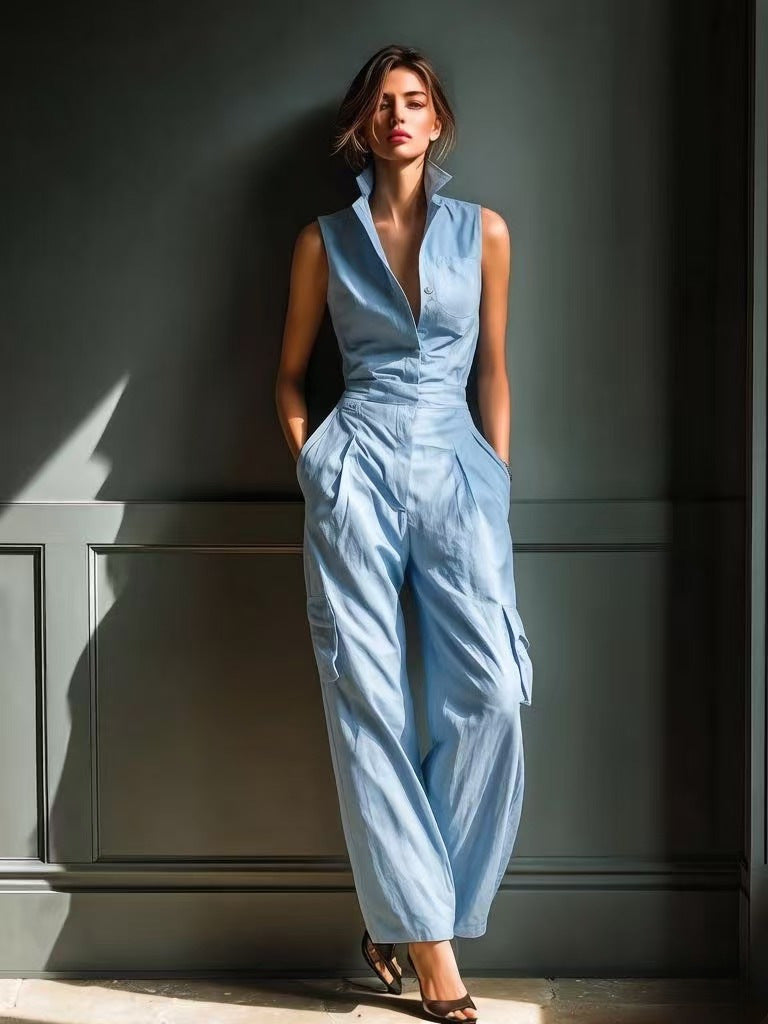 Sleeveless Collar Shirt Cargo Wide Leg Jumpsuit