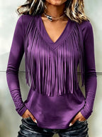 Vintage Elegant Cotton Blend Patchwork Fringed T-shirt