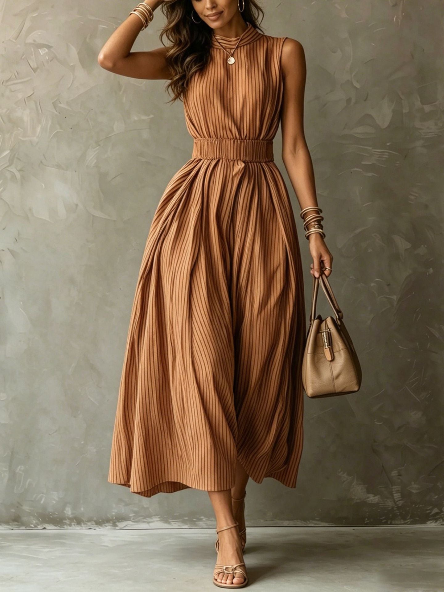 Classic Striped High Neck Sleeveless Midi Dress